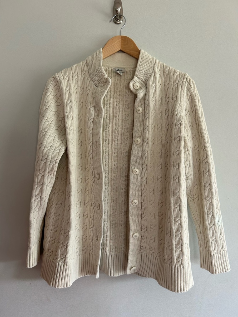 L.L. Bean women’s Cream Cable-Knit Button Cardigan